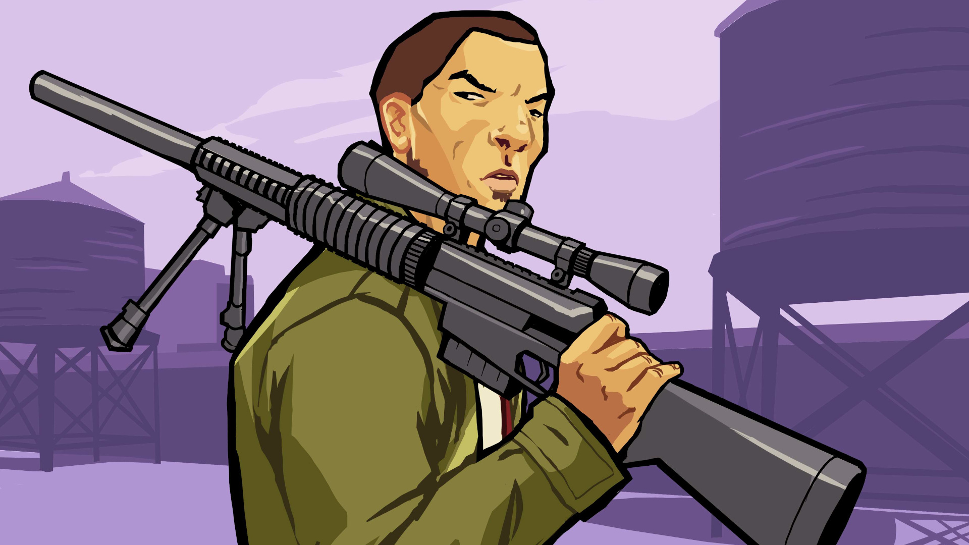 A character strands with a sniper rifle slung over their shoulder in GTA Chinatown Wars