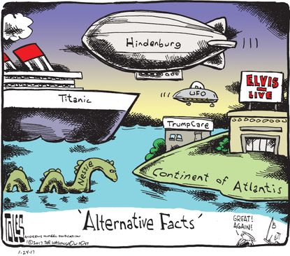 Political Cartoon U.S. Trump Alternative Facts Titanic Hindenburg Elvis