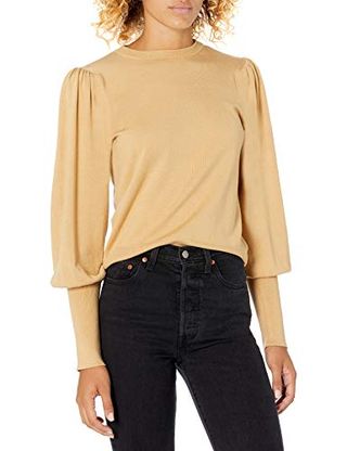 The Drop Women's Vivienne Pleated Shoulder Balloon-Sleeve Crewneck Sweater, Curds & Whey, L