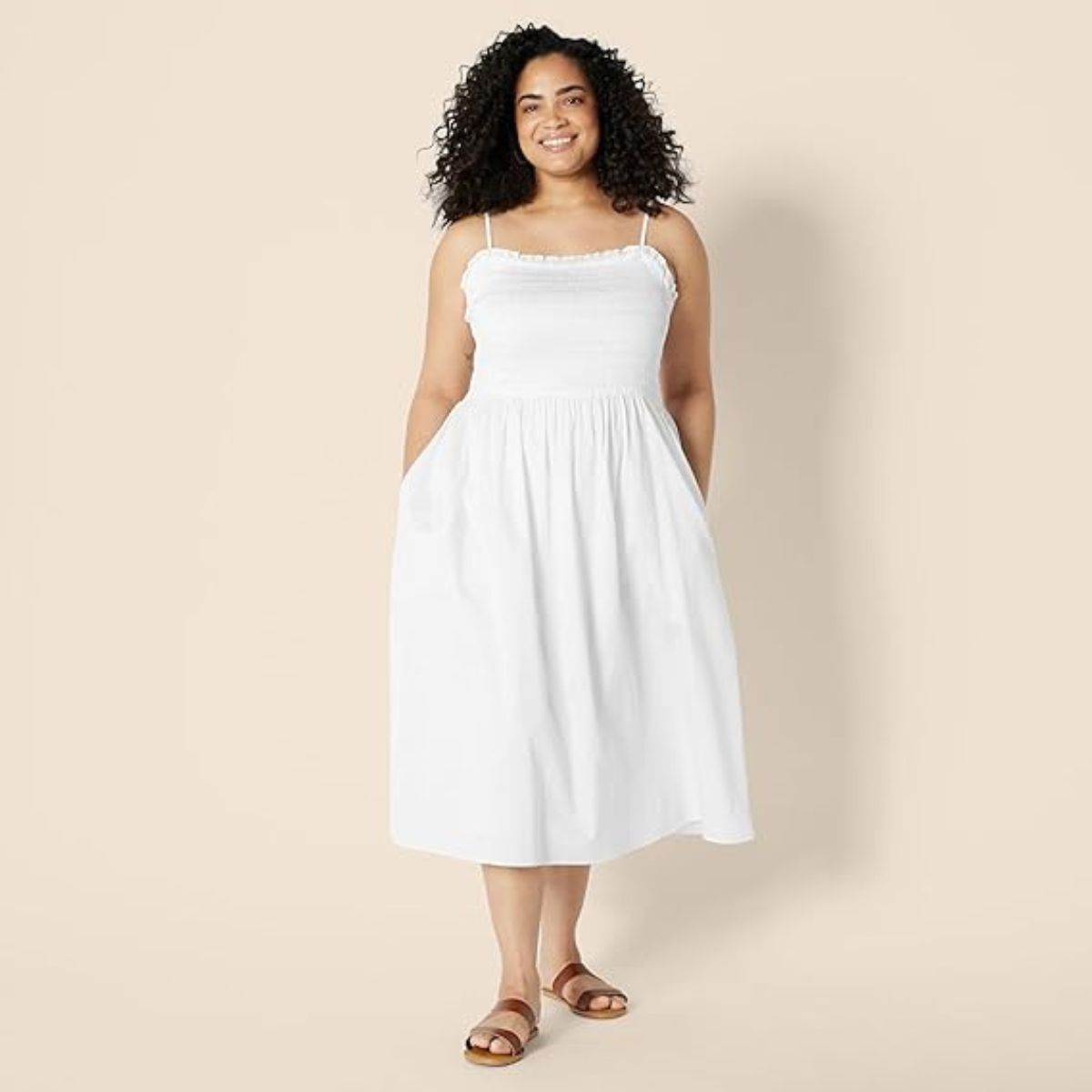 Amazon Essentials Women's Regular-Fit Cotton Sateen Smocked Bodice Midi Dress, White, Xx-Small