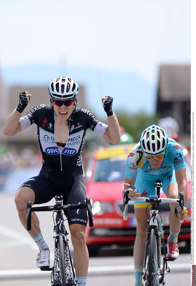 Jan Bakelants (Omega Pharma - QuickStep) claimed stage 6 of the Criterium du Dauhpine in a two-man sprint ahead of Lieuwe Westra.