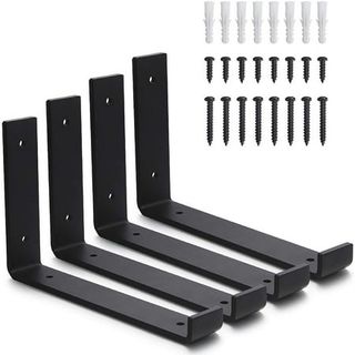 Xinhao Metal Shelf Brackets 4 Pack, Heavy Duty J Bracket With Lip, Industrial Rustic Wall Shelf Bracket，black (11.25