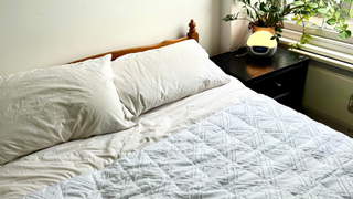 The YnM Bamboo Cooling Weighted Blanket on a made bed in a bright bedroom