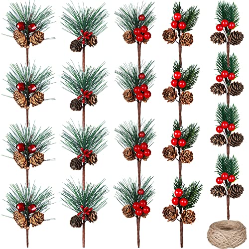 20 Pieces Christmas Artificial Pine Picks Set Simulation Pinecones Acorns Red Berries Fake Natural Pine Needle Cone Branches for Xmas Party Gift Wreaths Tree Home Winter Ornament(vivid Style)