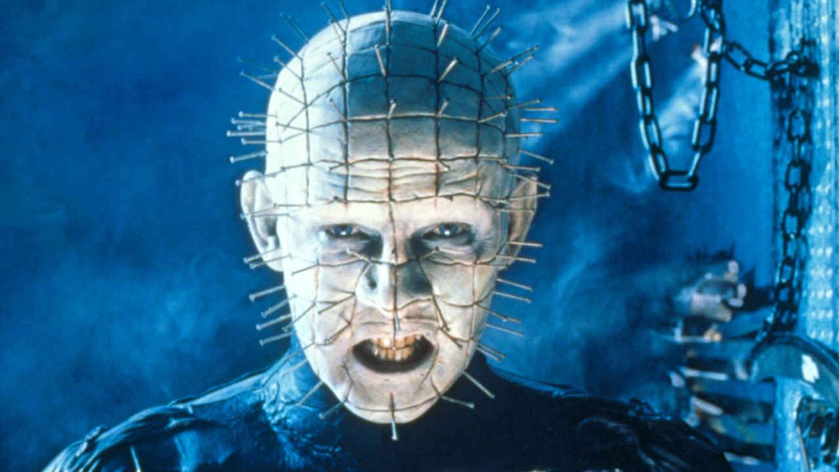 Hellraiser character Pinhead leering into the camera