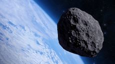 An illustration of a massive asteroid flying close past Earth