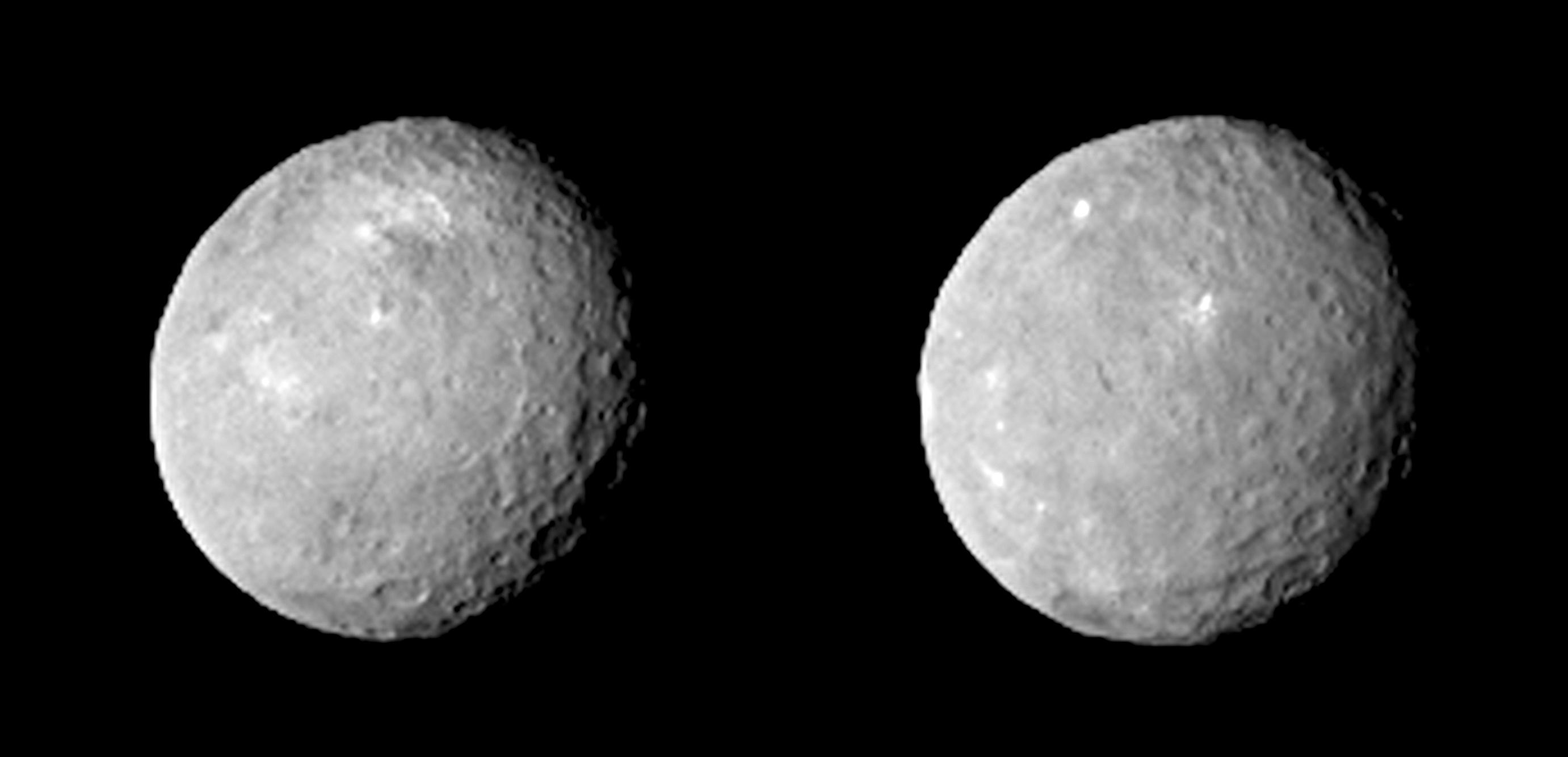 Two photos of the dwarf planet Ceres taken by NASA&#039;s Dawn spacecraft on Feb. 12, 2015, from a distance of about 52,000 miles (83,000 kilometers). The images have been magnified from their original size. 