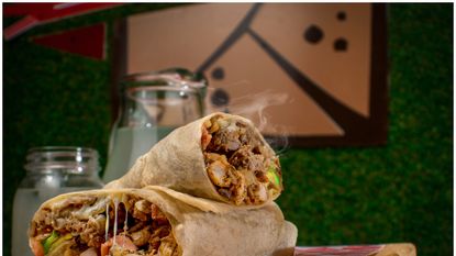 Dish, Food, Cuisine, Sandwich wrap, Mission burrito, Burrito, Kati roll, Ingredient, Shawarma, Wrap roti, 