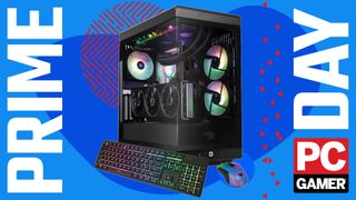 An iBuyPower Y40 gaming PC on a custom PC Gamer Prime Day background.