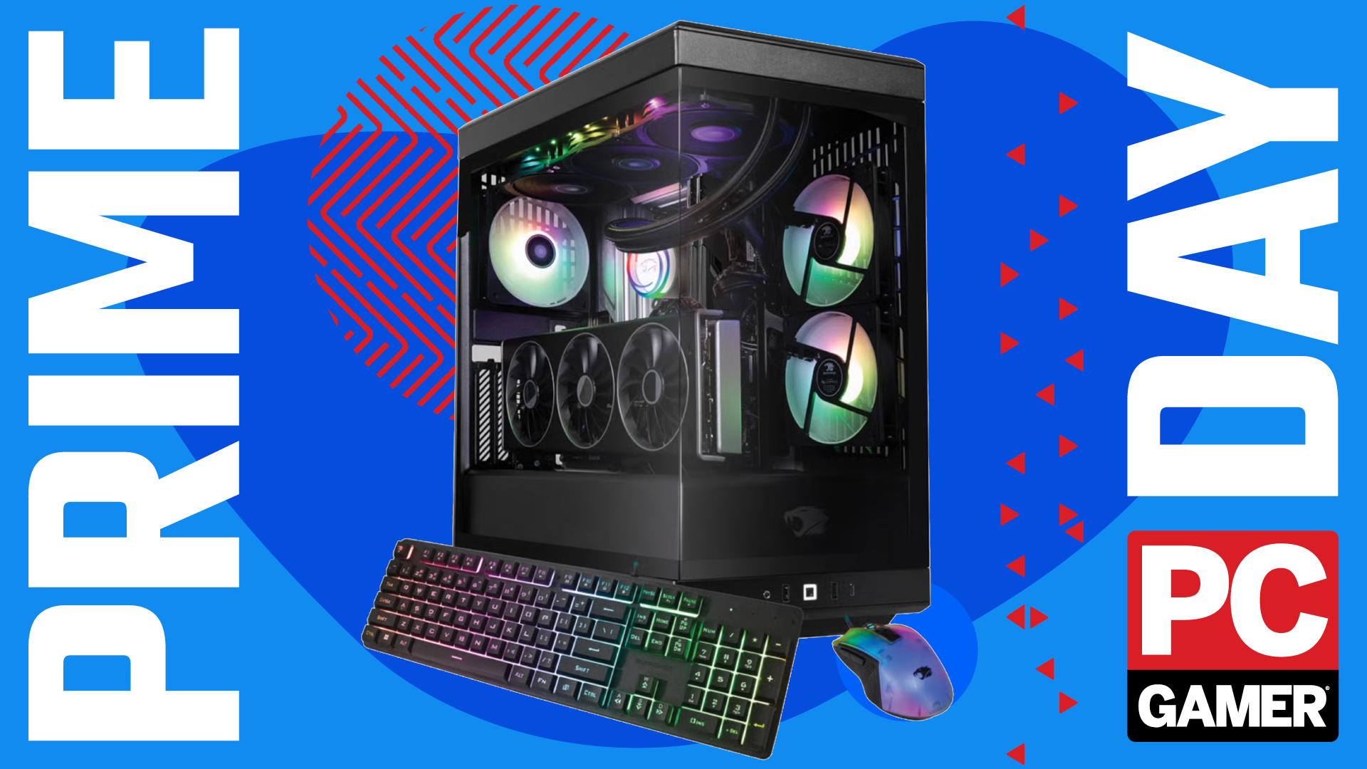 An iBuyPower Y40 gaming PC on a custom PC Gamer Prime Day background.