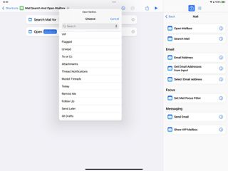 Screenshot of the Shortcuts app showing the new Mail actions
