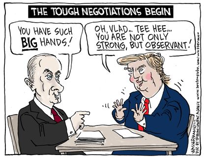 Political cartoon U.S. Trump Putin negotiations hands size