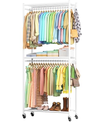 Sakugi Clothes Rack - 33.0" X 12.2" X 79.5" Clothing Rack With Shelves &amp;amp; Wheels, Multi-Functional Wardrobe Closet With Hooks, Sturdy Metal Garment Rack for Bedroom, Laundry, Balcony (white)