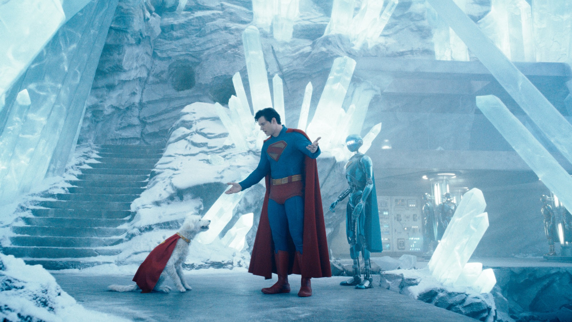 Krypto the dog, David Corenswet and a robot in Superman