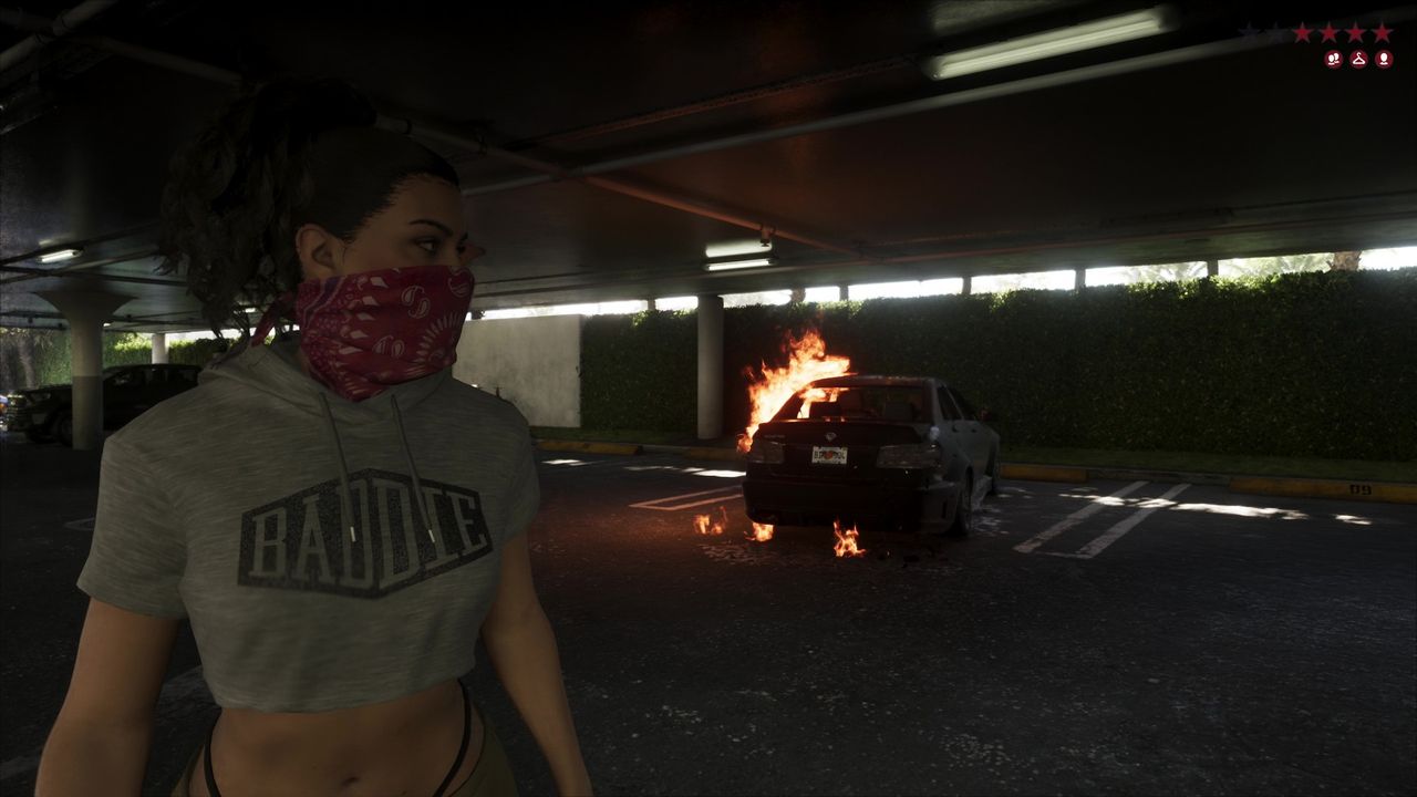 Lucia burns a car with a molotov while wearing a red bandana in a car park, from the GTA 6 extended look