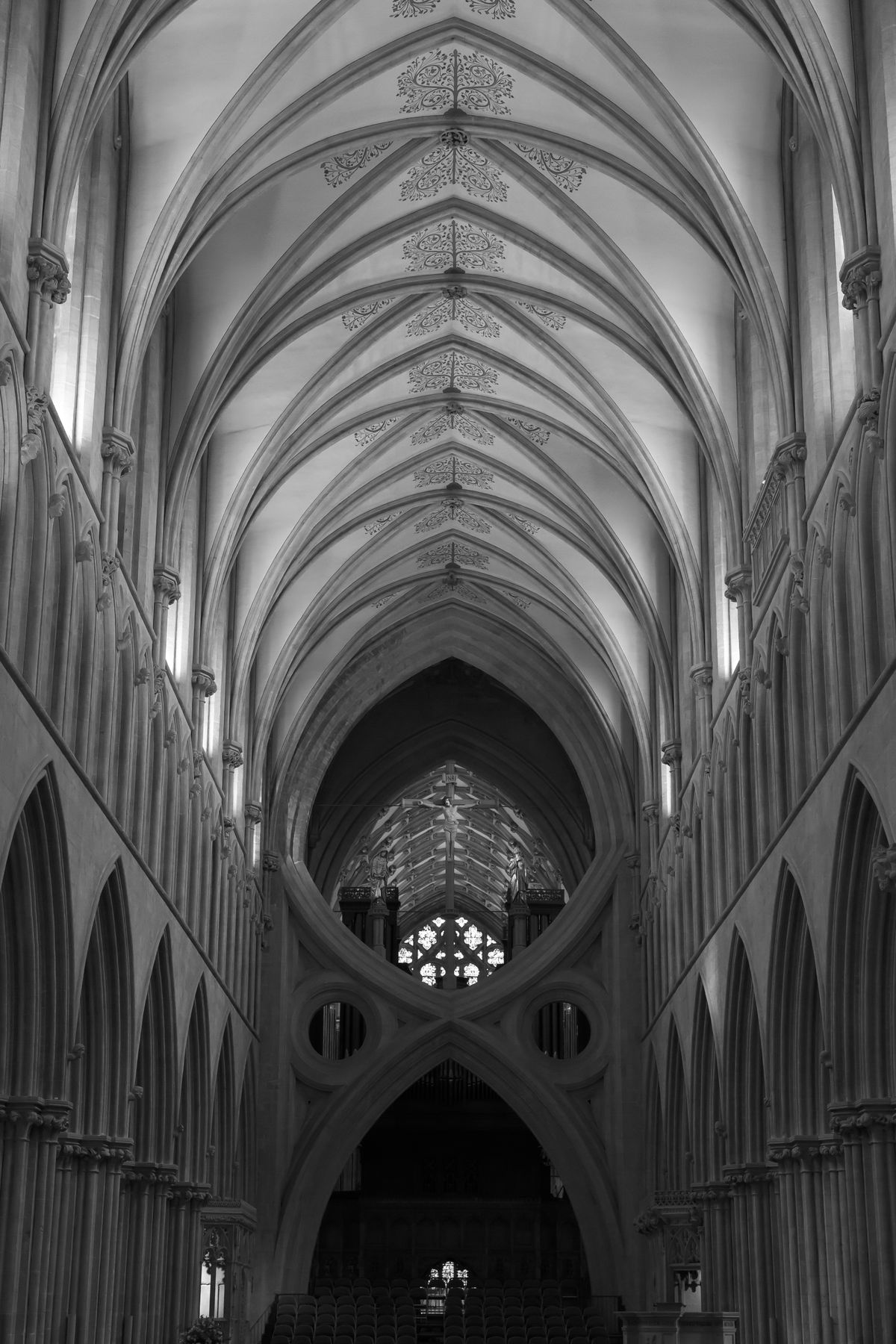 A black and white photo of the vaulted ceiling of Wells Cathedral, UK, taken on the Nikon Z50II