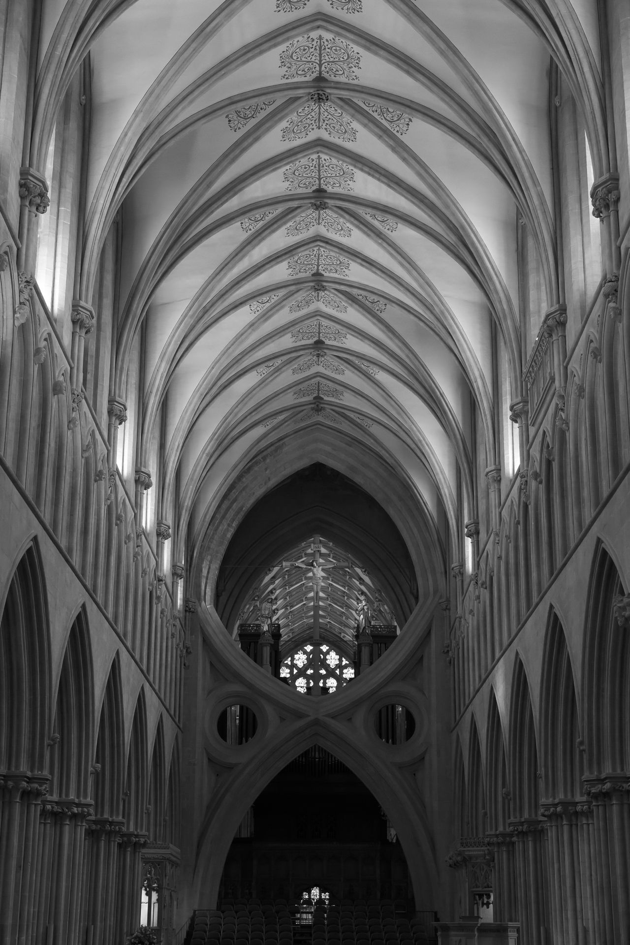A black and white photo of the vaulted ceiling of Wells Cathedral, UK, taken on the Nikon Z50II
