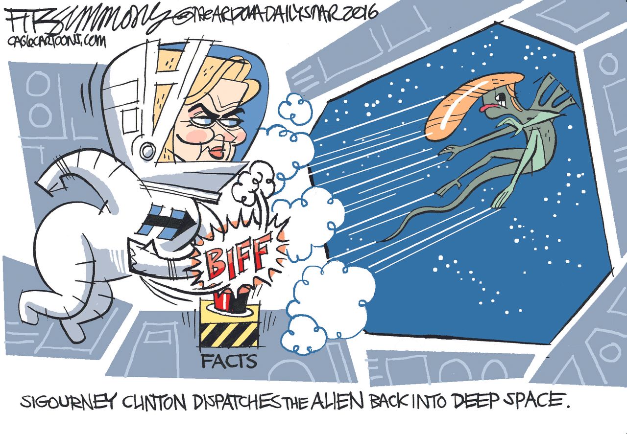 Political cartoon U.S. 2016 election Hillary Clinton Donald Trump in space