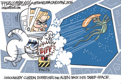 Political cartoon U.S. 2016 election Hillary Clinton Donald Trump in space