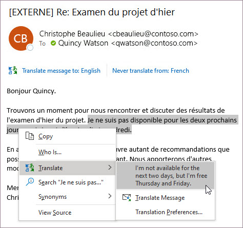 Microsoft Outlook translation tool