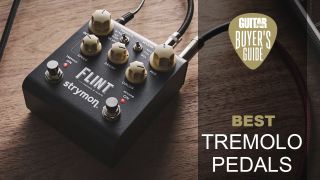 Strymon Flint tremolo pedal on a wooden surface