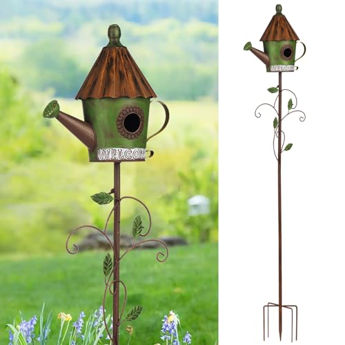 Bayn 57&amp;rdquo; Bird Houses Stake for Outside, Metal Watering Can Birdhouse Garden Stake Wild Bird Feeder Pole With Welcome Sign Outdoor Decorations for Patio, Backyard, Garden