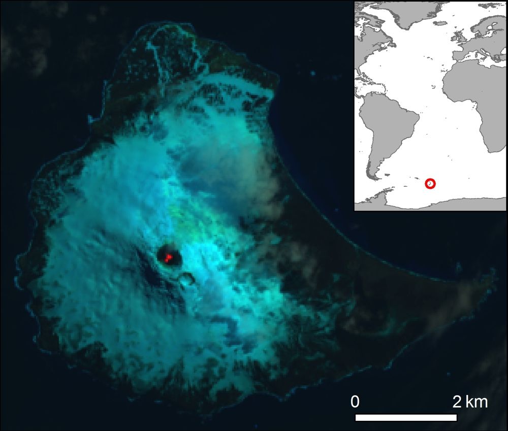 This false-color satellite photograph of Mount Michael shows the lava lake (in red) within the volcano – only the eighth persistent lake of molten rock ever discovered. The inset shows the location of Saunders Island.