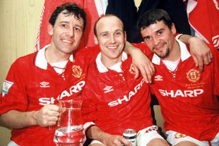 Manchester United's Bryan Robson, Mike Phelan and Roy Keane