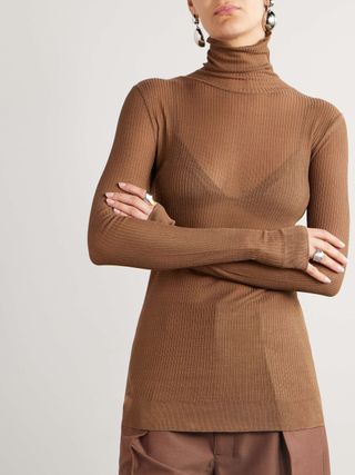 Seamless Ribbed-Knit Turtleneck Top