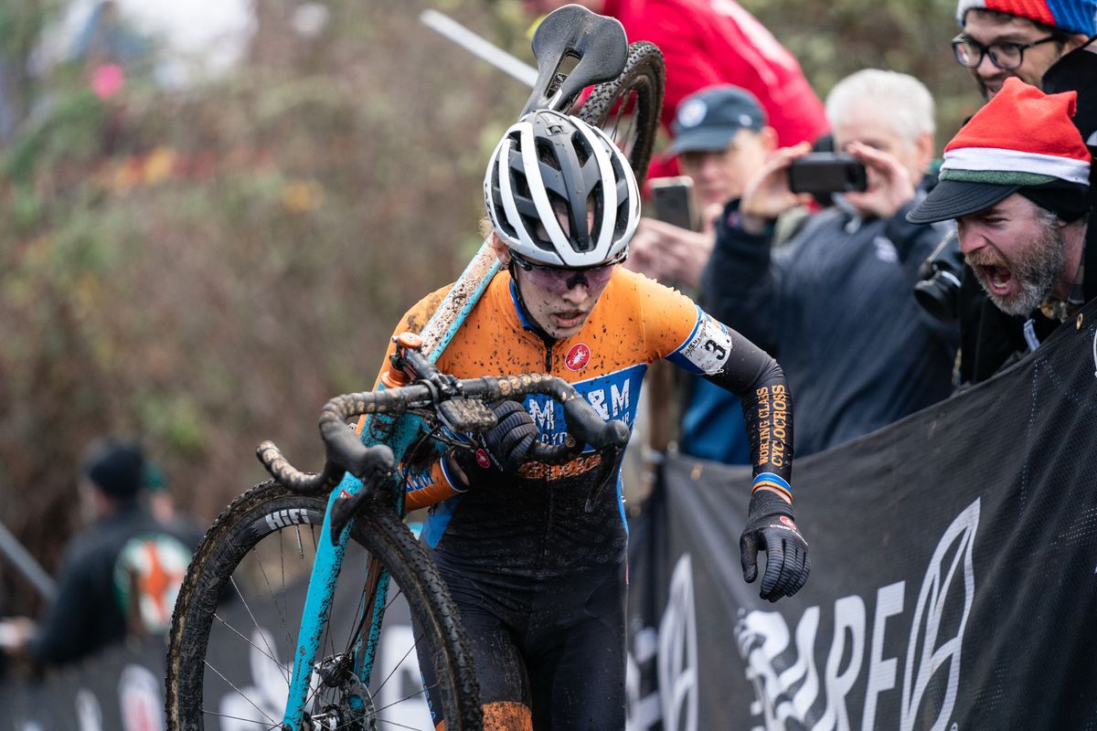 Clara Honsinger (Team S&amp;M CX Sellwood Cycle Repa) tackles the climb on her way to victory at the 2019 USA Cycling Cyclo-cross National Championships in Lakewood, Washington