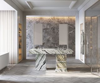 bathroom vanity in green striped marble in grey marble and tiles large luxurious bathroom