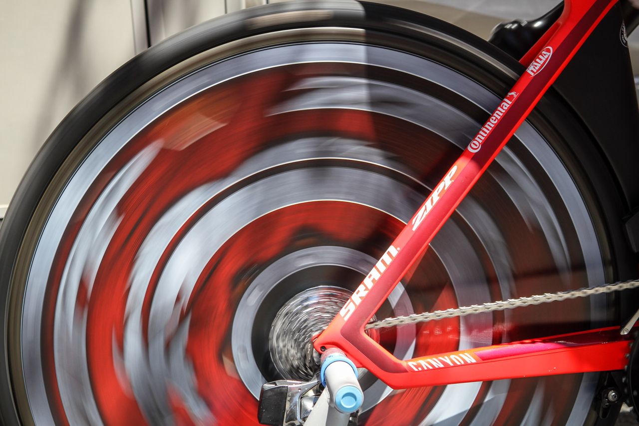 Several of the Katusha-Alpecin Zipp Super-9 disc wheels feature eye-catching red and white decals