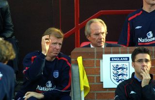 MANCHESTER, ENGLAND - October 6: Steve Mclaren and Sven Goran Eriksson Manager of England on team bench during the World Cup Qualifier match between England and Greece at Old Trafford on October 6, 2001 in Manchester, England. (Photo by Stewart Kendall/Sportsphoto/Allstar via Getty Images)