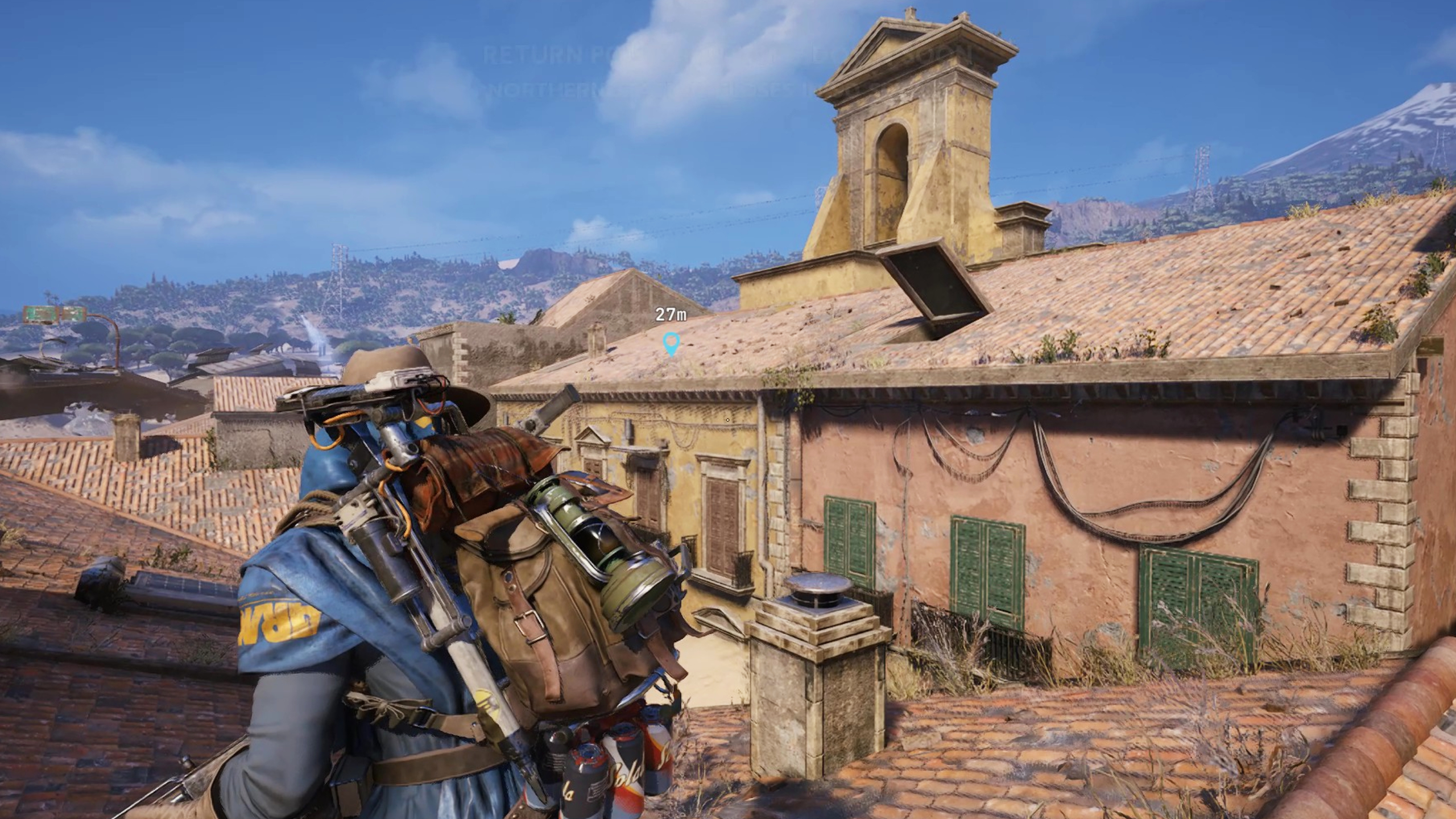 Arc Raiders Digging Up Dirt: A raider wearing a blue poncho and a cowboy hat walking across a rooftop while looking at an open window on the roof of a building opposite them.
