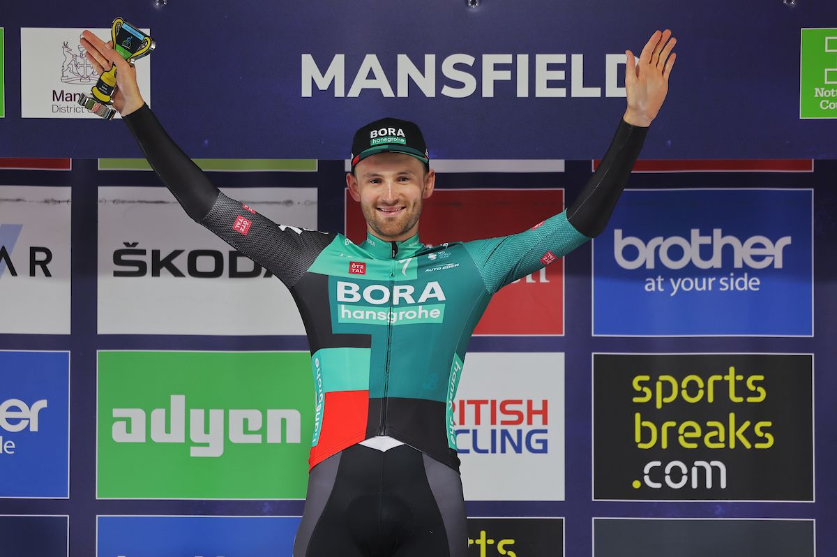 Picture by Alex WhiteheadSWpixcom 08092022 Cycling 2022 AJ Bell Tour of Britain Stage 5 West Bridgeford to Mansfield England Jordi Meeus of Team BORA Hansgrohe on the podium after taking the victory