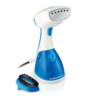 White and blue Hamilton Beach Handheld Garment Steamer with matching blue and black handheld oval brush