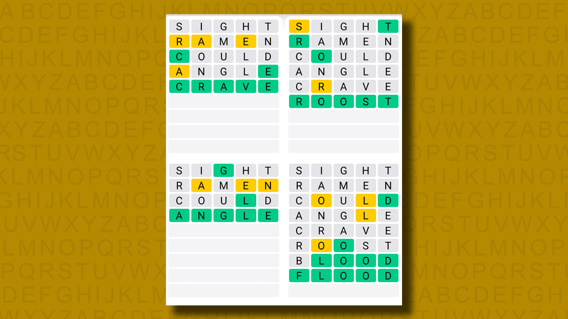 Quordle answers for game 1234 on a yellow background