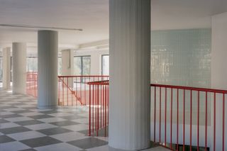 concrete and red balustrades