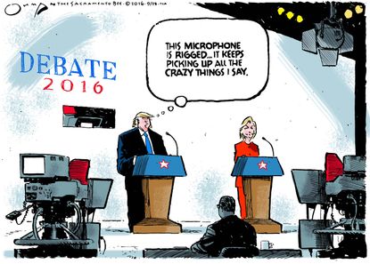 Political cartoon U.S. 2016 election Donald Trump Hillary Clinton rigged microphone