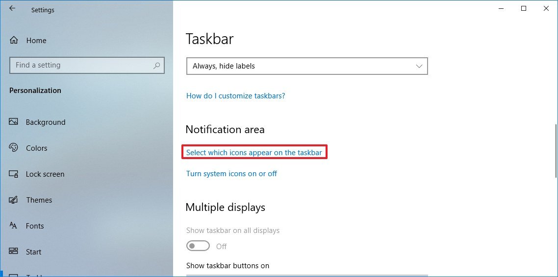 Select which icons appear on the taskbar option