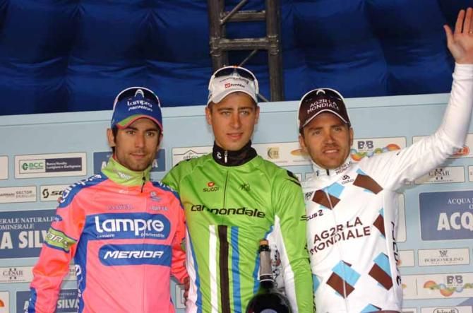 2013 GP Camaiore: Diego Ulissi (Lampre Merida), winner Peter Sagan (Cannondale) and Rinaldo Nocentini (Ag2r-La Mondiale).