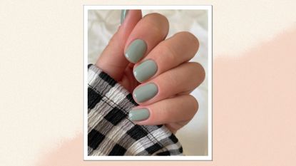 A close up of a hand with sage green nails by nail artist @gel.bymegan/ in a beige and cream gradient template