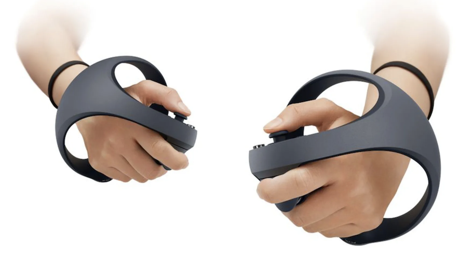 The PSVR 2 controllers being used by a person on a white background