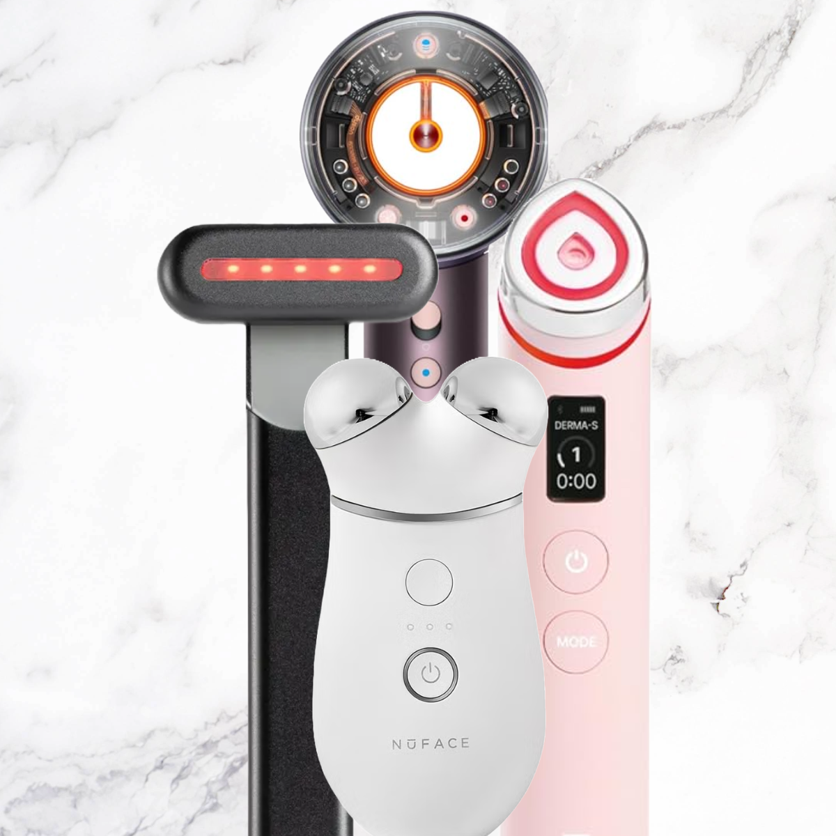Solawave LED device; NuFACE miini, Dyson Nural Hair Dryer, and the Medicube pro device. 
