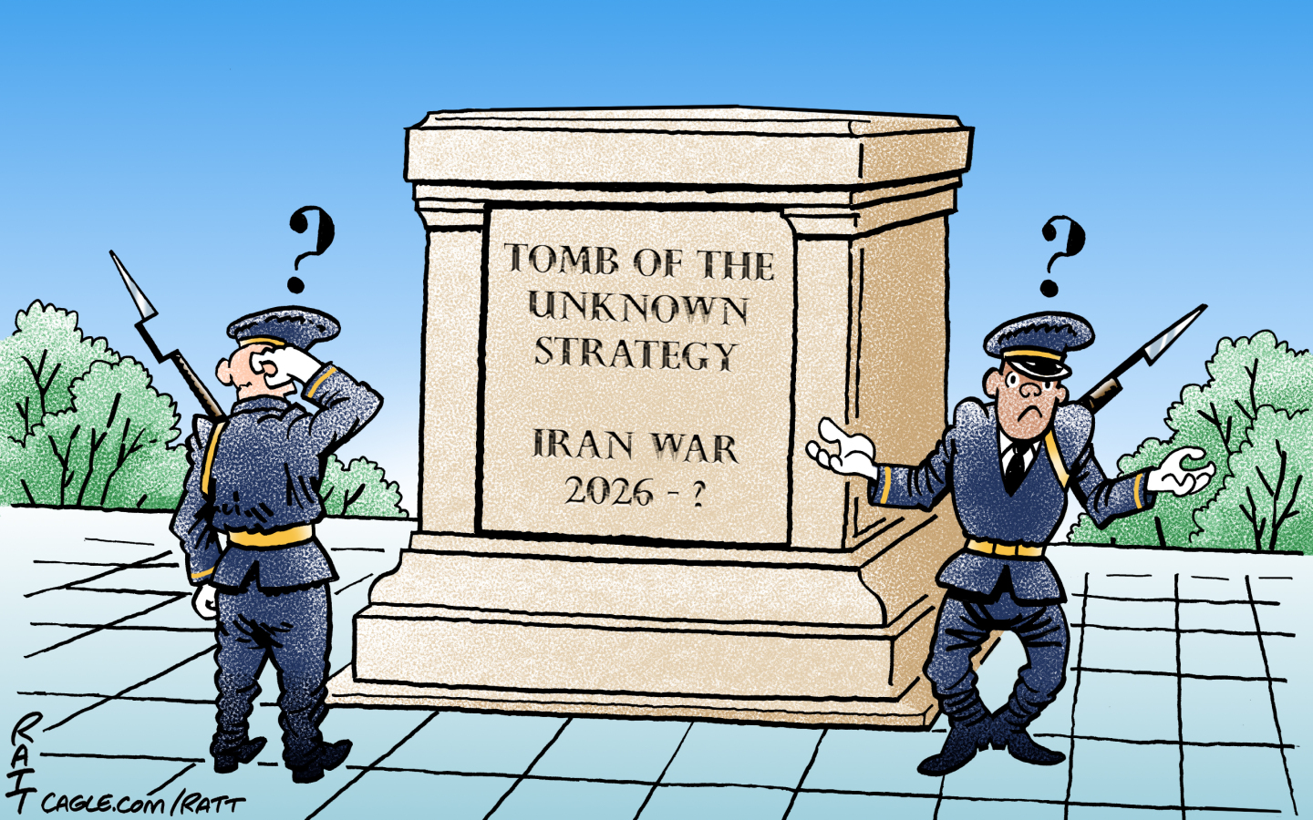 Two male guards in military uniform look thoroughly confused. They have question marks above their heads and puzzled expressions as they guard a tomb named &amp;ldquo;Tomb of the Unknown Strategy: Iran War, 2026-?&amp;rdquo;