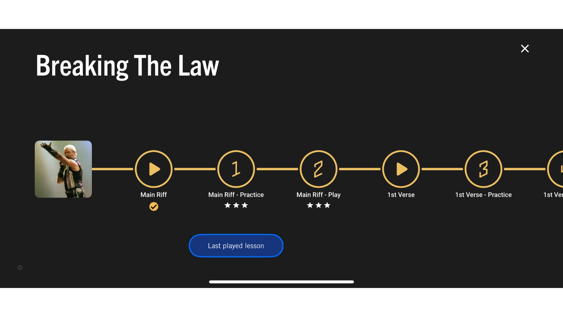 A screenshot of the Gibson app showing a song breakdown of Judas Priest&#039;s &#039;Breaking The Law&#039;
