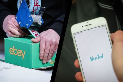 Left, eBay parcel being prepared. Right, smartphone showing Vinted logo
