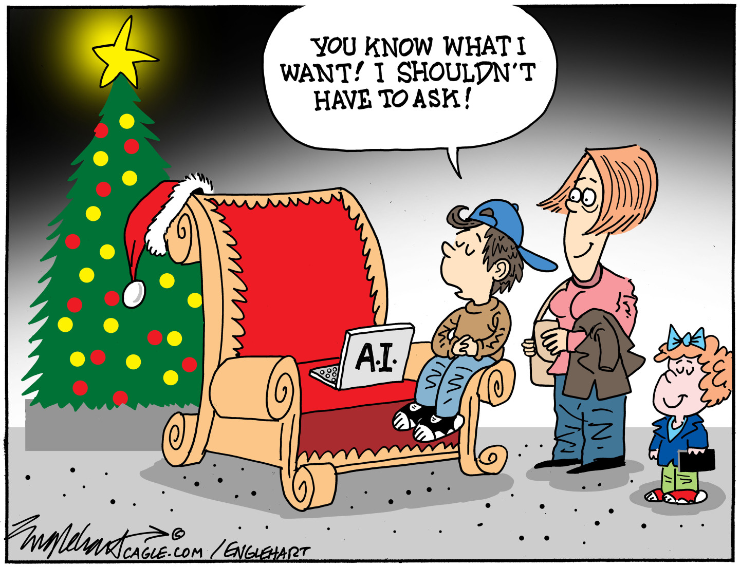 An entitled-looking boy sits on the edge of Santa&amp;rsquo;s chair in this cartoon. Santa is not there. A Christmas tree is in the background and the boy&amp;rsquo;s mother and little sister wait to go next. There is a laptop computer in the chair labeled &amp;ldquo;AI.&amp;rdquo; The boy says, &amp;ldquo;You know what I want! I shouldn&amp;rsquo;t have to ask!&amp;rdquo;