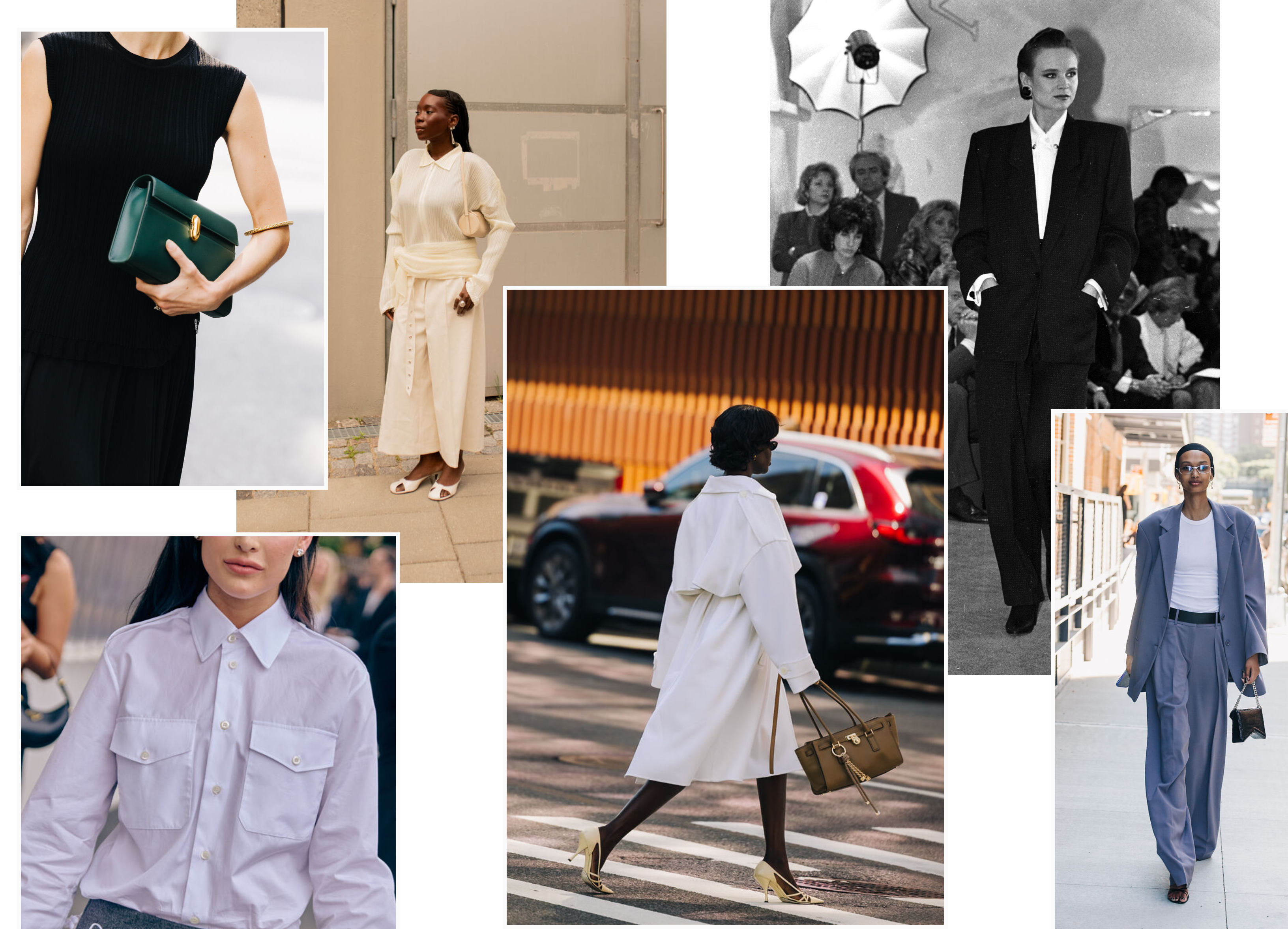 an image collage of the consistency over cores gen z fashion trend of women at fashion week and Donna Karan 1985 runway