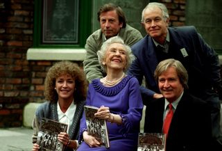 Anne kirkbride, Doris Speed and Bill Roache, with Ken Farrington and Alan Rothwell